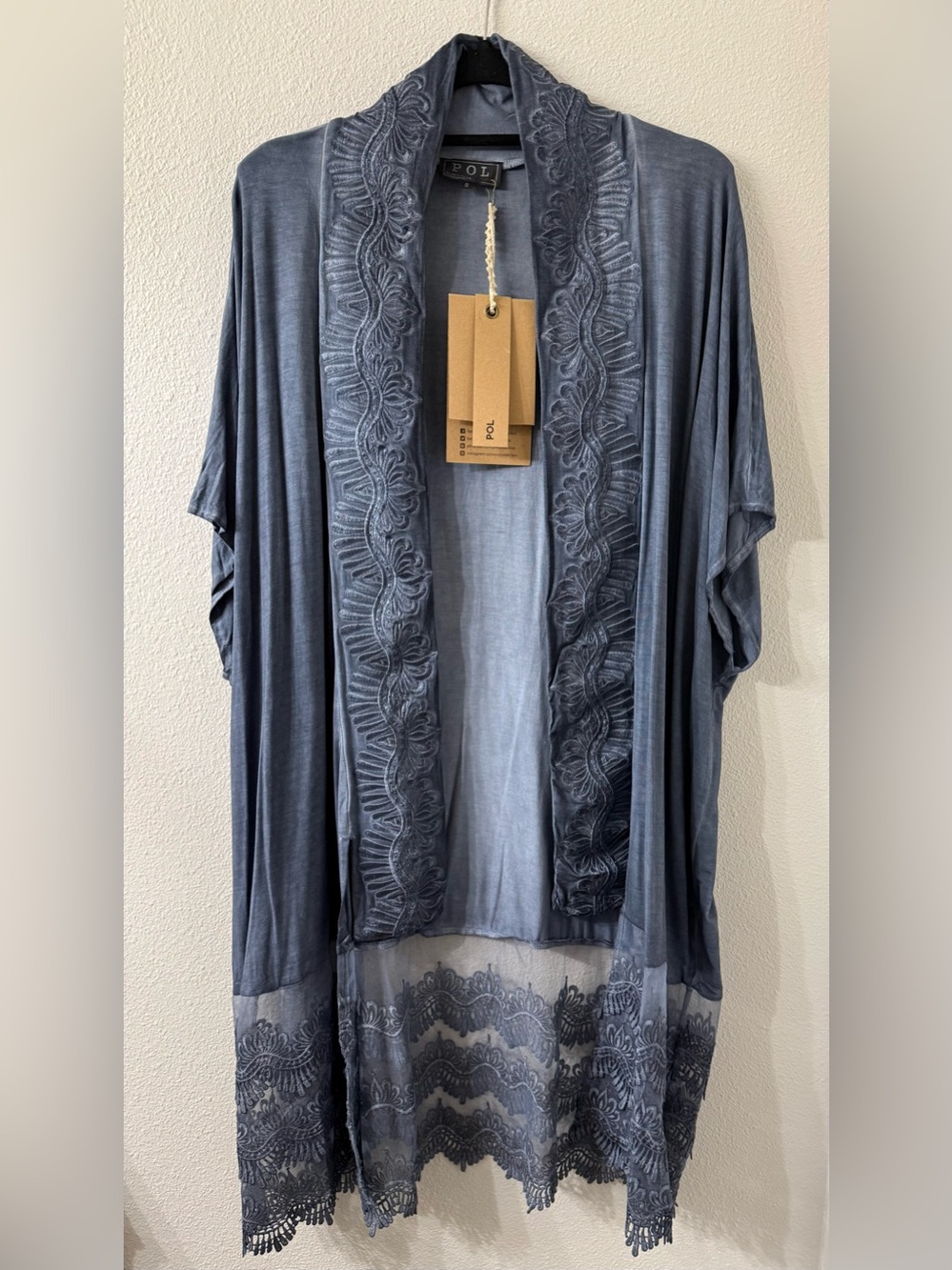 POL Slate Blue Embroidered Lace Duster Cardigan Boho Oversized XLG Kimono - Picture 2 of 7